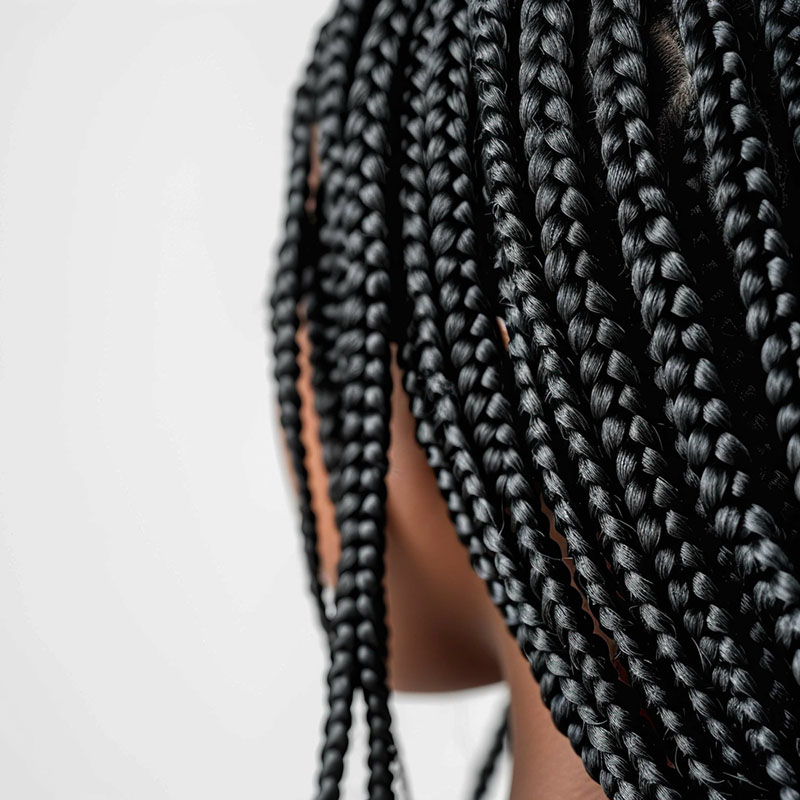 Close up view on box braids hairstyle